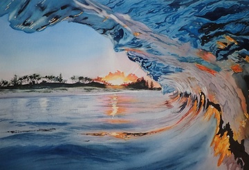 View inside a breaking wave at sunrise